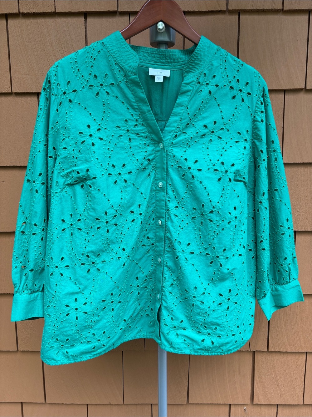 J JILL‎ | Green Eyelet Button-Up Tunic Peasant Cottagecore Top Blouse | Size XL